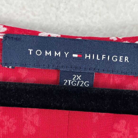 Tommy Hilfiger Womens Plus 2X Red Floral Blouse Long Sleeve Front Neck Tie Top - Picture 4 of 10